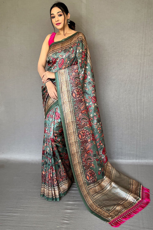 Load image into Gallery viewer, Ravishing Rama Kalamkari Printed Soft Silk Saree With Beautiful Blouse Piece
