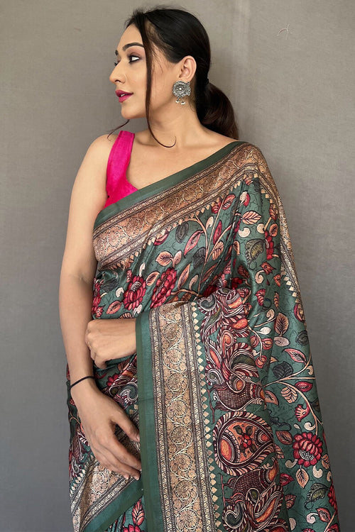 Load image into Gallery viewer, Ravishing Rama Kalamkari Printed Soft Silk Saree With Beautiful Blouse Piece
