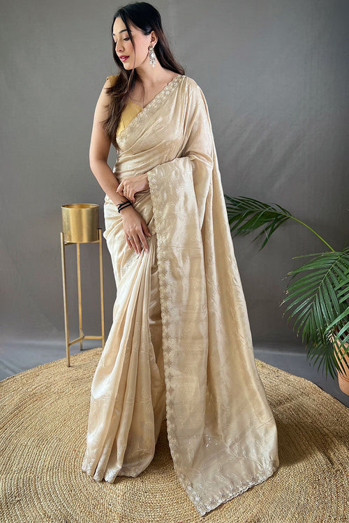 Load image into Gallery viewer, Pretty Beige Embroidery Work Soft Silk Saree With Phenomenal Blouse Piece
