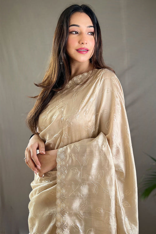 Load image into Gallery viewer, Pretty Beige Embroidery Work Soft Silk Saree With Phenomenal Blouse Piece
