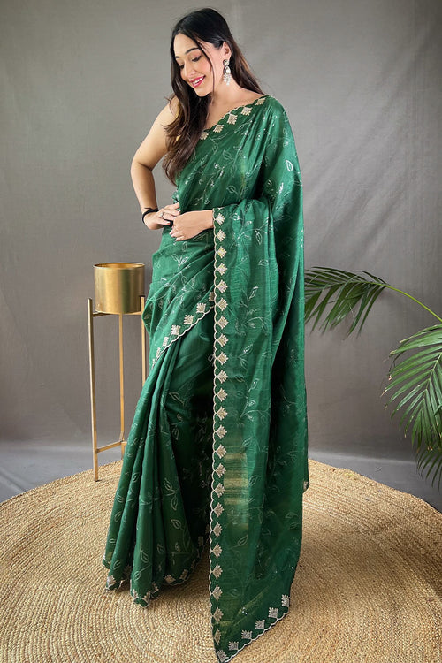 Load image into Gallery viewer, Sizzling Dark Green Embroidery Work Soft Silk Saree With Intricate Blouse Piece
