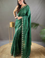 Sizzling Dark Green Embroidery Work Soft Silk Saree With Intricate Blouse Piece