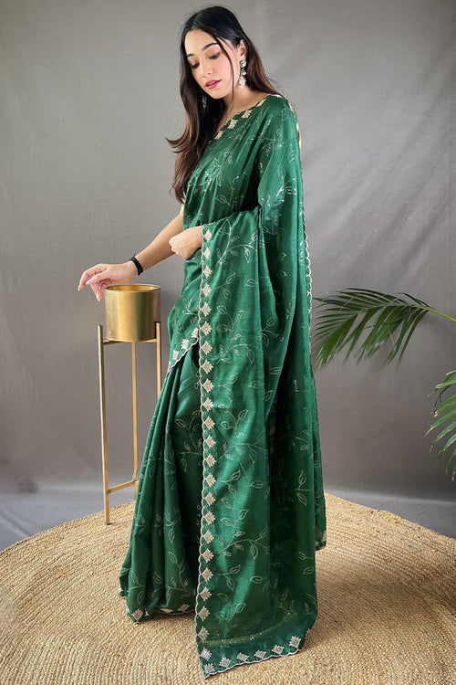 Load image into Gallery viewer, Sizzling Dark Green Embroidery Work Soft Silk Saree With Intricate Blouse Piece
