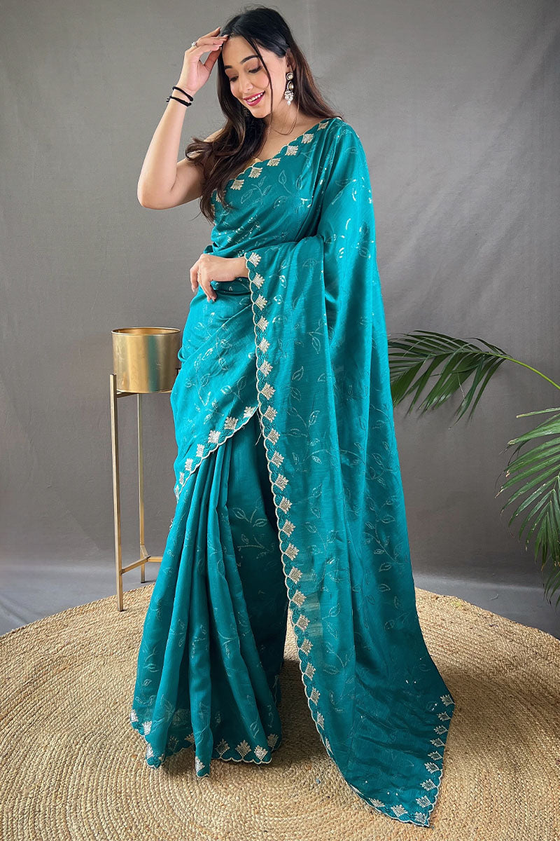 Groovy Firozi Embroidery Work Soft Silk Saree With Stunner Blouse Piece