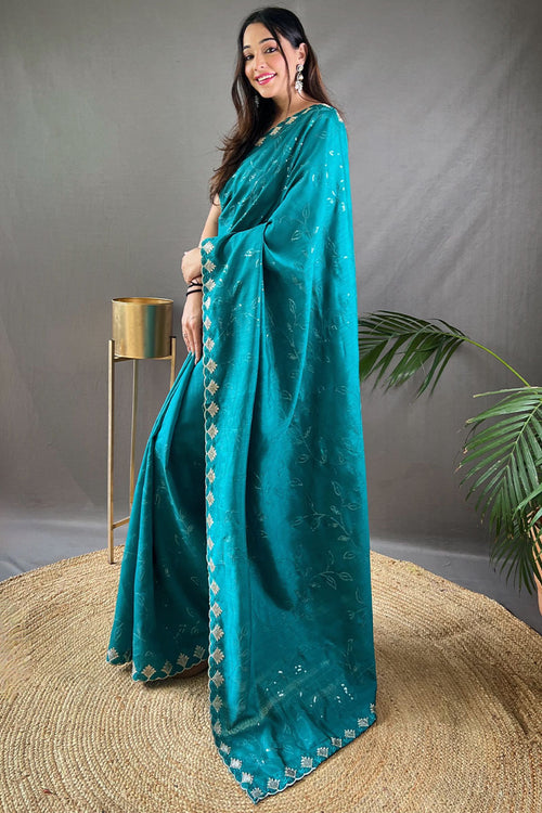 Load image into Gallery viewer, Groovy Firozi Embroidery Work Soft Silk Saree With Stunner Blouse Piece
