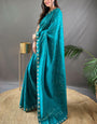 Groovy Firozi Embroidery Work Soft Silk Saree With Stunner Blouse Piece