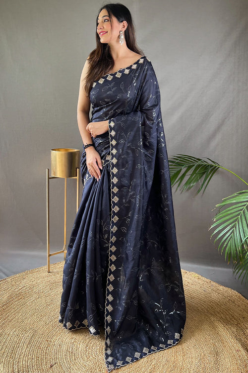 Load image into Gallery viewer, Breathtaking Navy Blue Embroidery Work Soft Silk Saree With Demanding Blouse Piece
