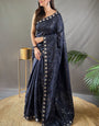 Breathtaking Navy Blue Embroidery Work Soft Silk Saree With Demanding Blouse Piece