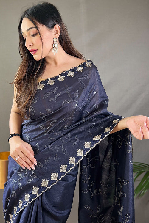 Load image into Gallery viewer, Breathtaking Navy Blue Embroidery Work Soft Silk Saree With Demanding Blouse Piece
