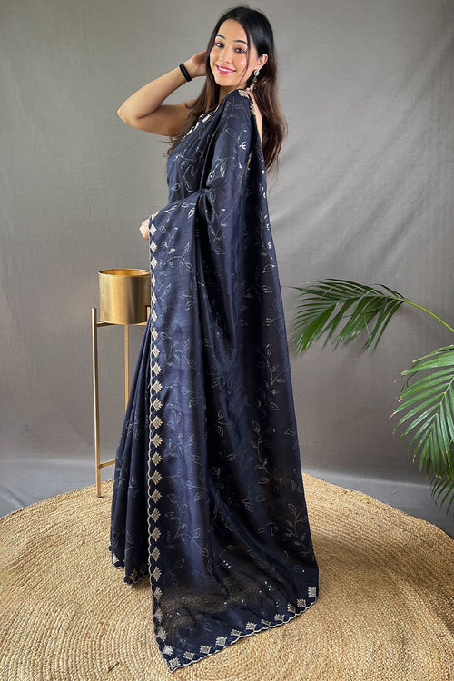 Load image into Gallery viewer, Breathtaking Navy Blue Embroidery Work Soft Silk Saree With Demanding Blouse Piece
