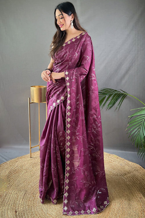 Load image into Gallery viewer, Energetic Wine Embroidery Work Soft Silk Saree With Deserving Blouse Piece
