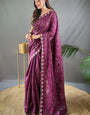 Energetic Wine Embroidery Work Soft Silk Saree With Deserving Blouse Piece