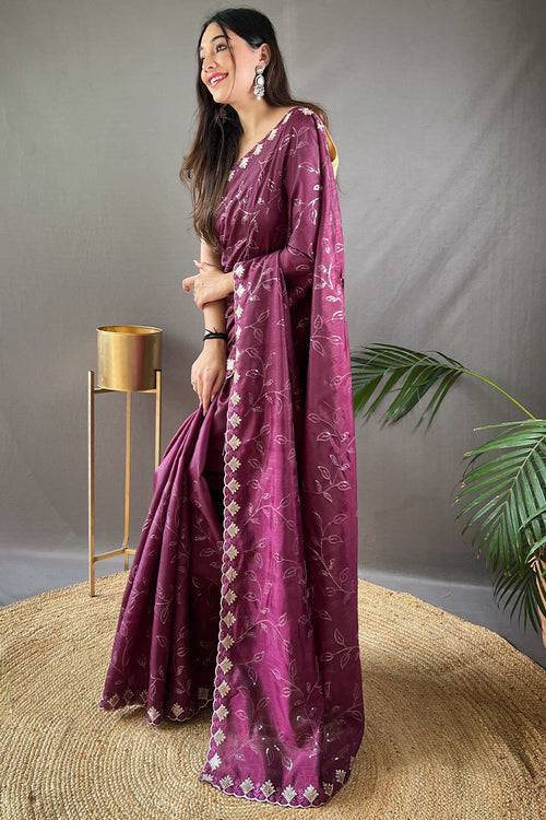 Load image into Gallery viewer, Energetic Wine Embroidery Work Soft Silk Saree With Deserving Blouse Piece
