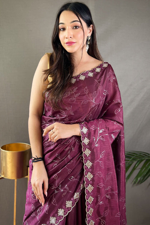 Load image into Gallery viewer, Energetic Wine Embroidery Work Soft Silk Saree With Deserving Blouse Piece
