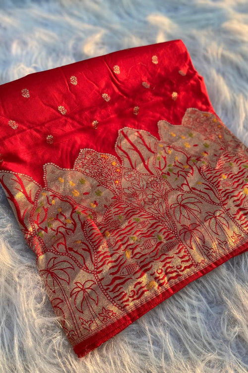 Load image into Gallery viewer, Lassitude Red Soft Banarasi Silk Saree With Vestigial Blouse Piece
