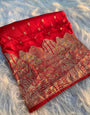 Lassitude Red Soft Banarasi Silk Saree With Vestigial Blouse Piece