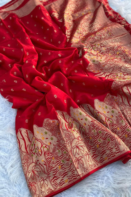 Load image into Gallery viewer, Lassitude Red Soft Banarasi Silk Saree With Vestigial Blouse Piece
