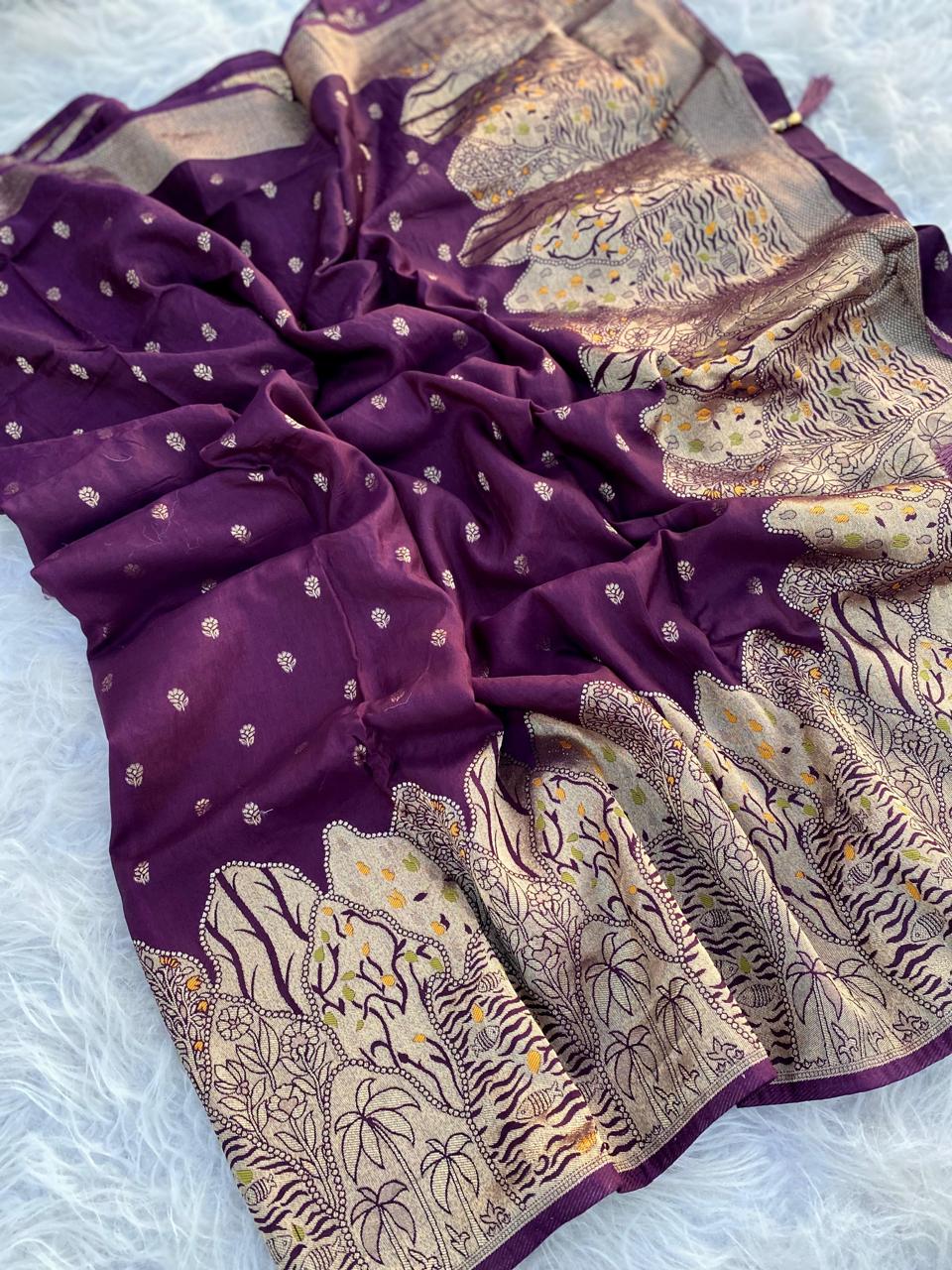 Tempting Wine Soft Banarasi Silk Saree With Prodigal Blouse Piece