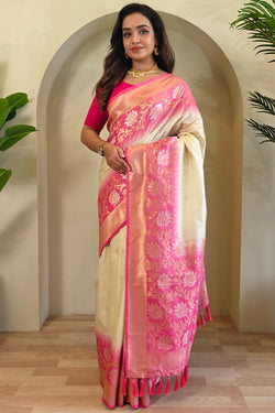 Enamoring Beige Soft Banarasi Silk Saree With Glowing Blouse Piece