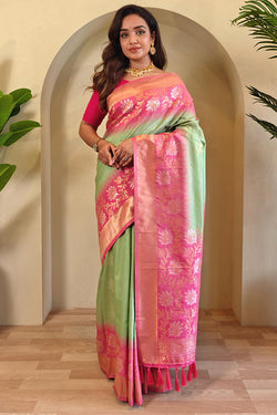 Ethereal Pista Soft Banarasi Silk Saree With Quixotic Blouse Piece