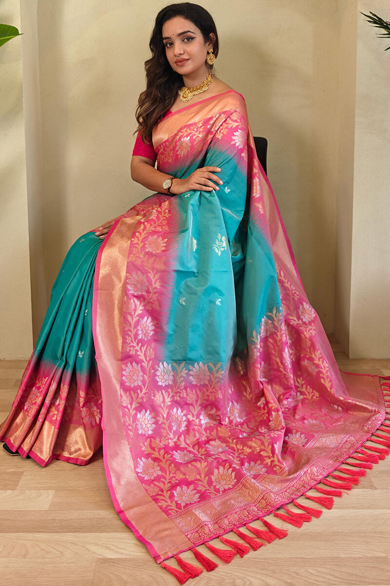 Appealing Sea Green Soft Banarasi Silk Saree With Enigmatic Blouse Piece