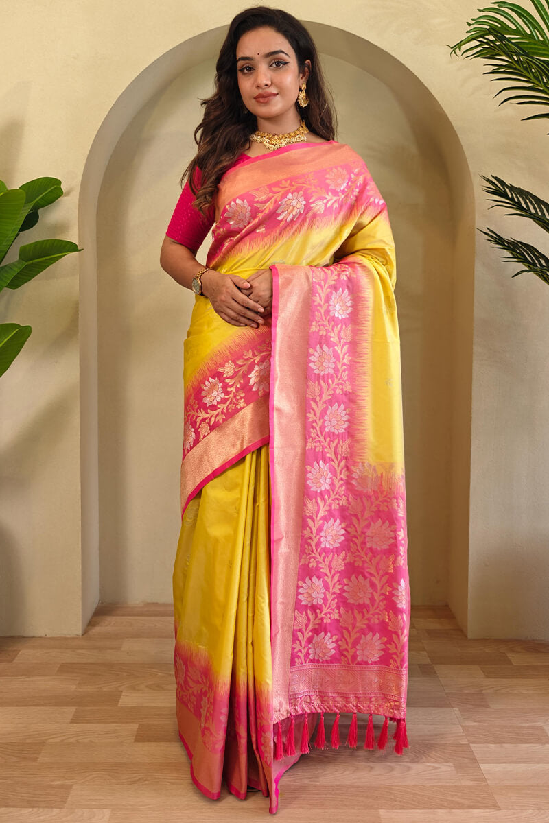 Comely Yellow Soft Banarasi Silk Saree With Comely Blouse Piece