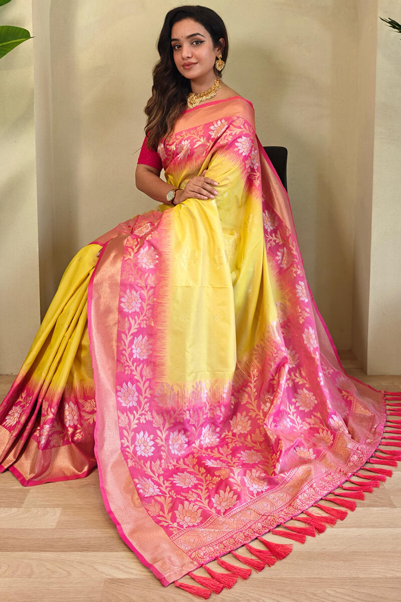 Comely Yellow Soft Banarasi Silk Saree With Comely Blouse Piece