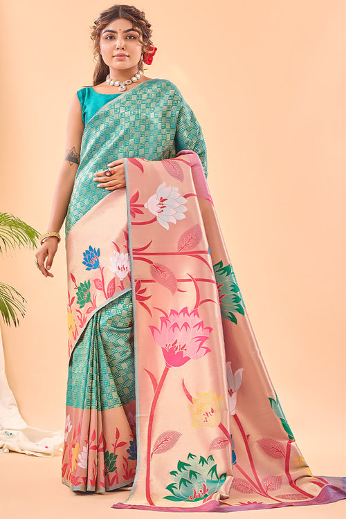 Load image into Gallery viewer, Pretty Firozi Paithani Silk Saree With Pleasant Blouse Piece
