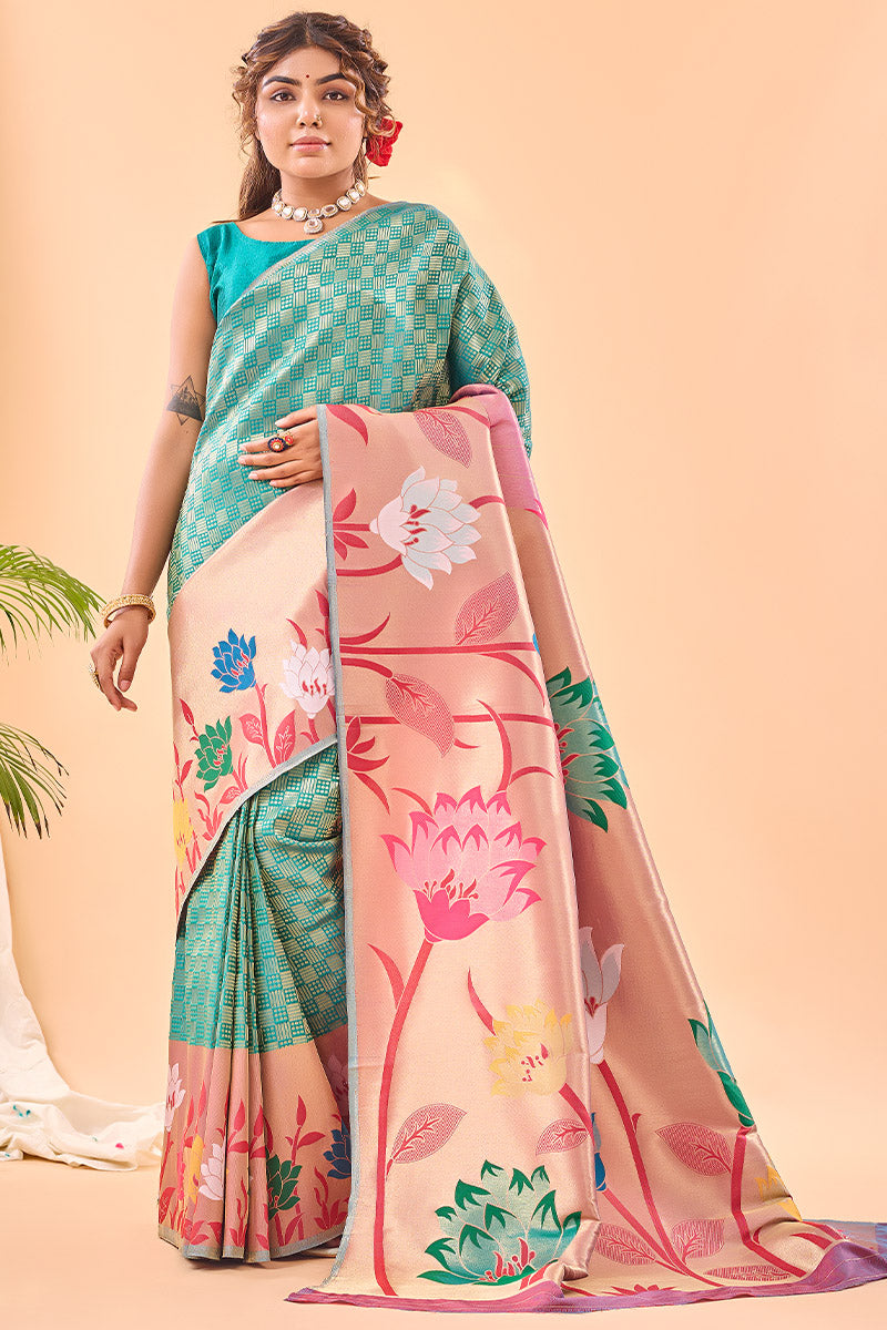 Pretty Firozi Paithani Silk Saree With Pleasant Blouse Piece