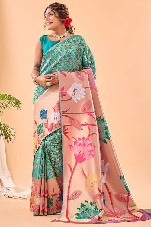 Load image into Gallery viewer, Pretty Firozi Paithani Silk Saree With Pleasant Blouse Piece
