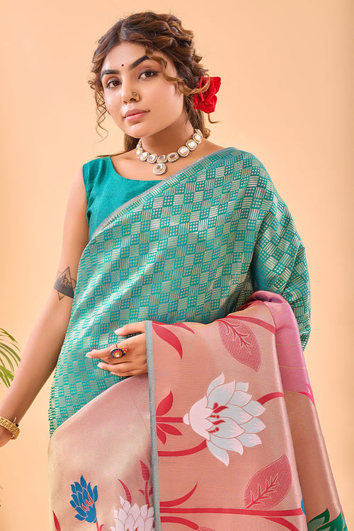 Load image into Gallery viewer, Pretty Firozi Paithani Silk Saree With Pleasant Blouse Piece
