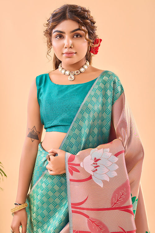 Load image into Gallery viewer, Pretty Firozi Paithani Silk Saree With Pleasant Blouse Piece
