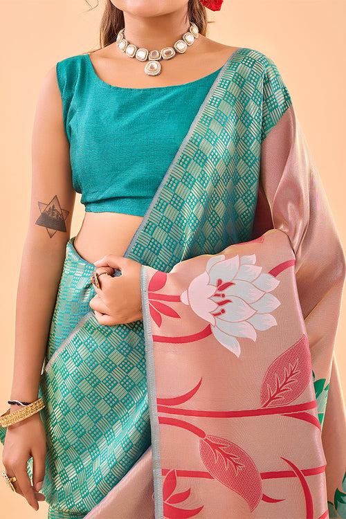 Load image into Gallery viewer, Pretty Firozi Paithani Silk Saree With Pleasant Blouse Piece
