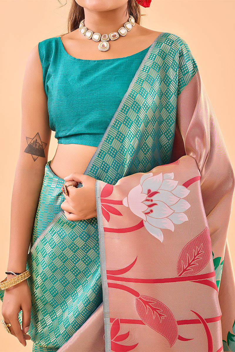 Pretty Firozi Paithani Silk Saree With Pleasant Blouse Piece