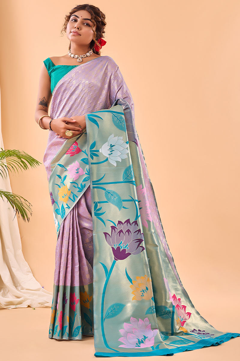 Conflate Lavender Paithani Silk Saree With Lissome Blouse Piece