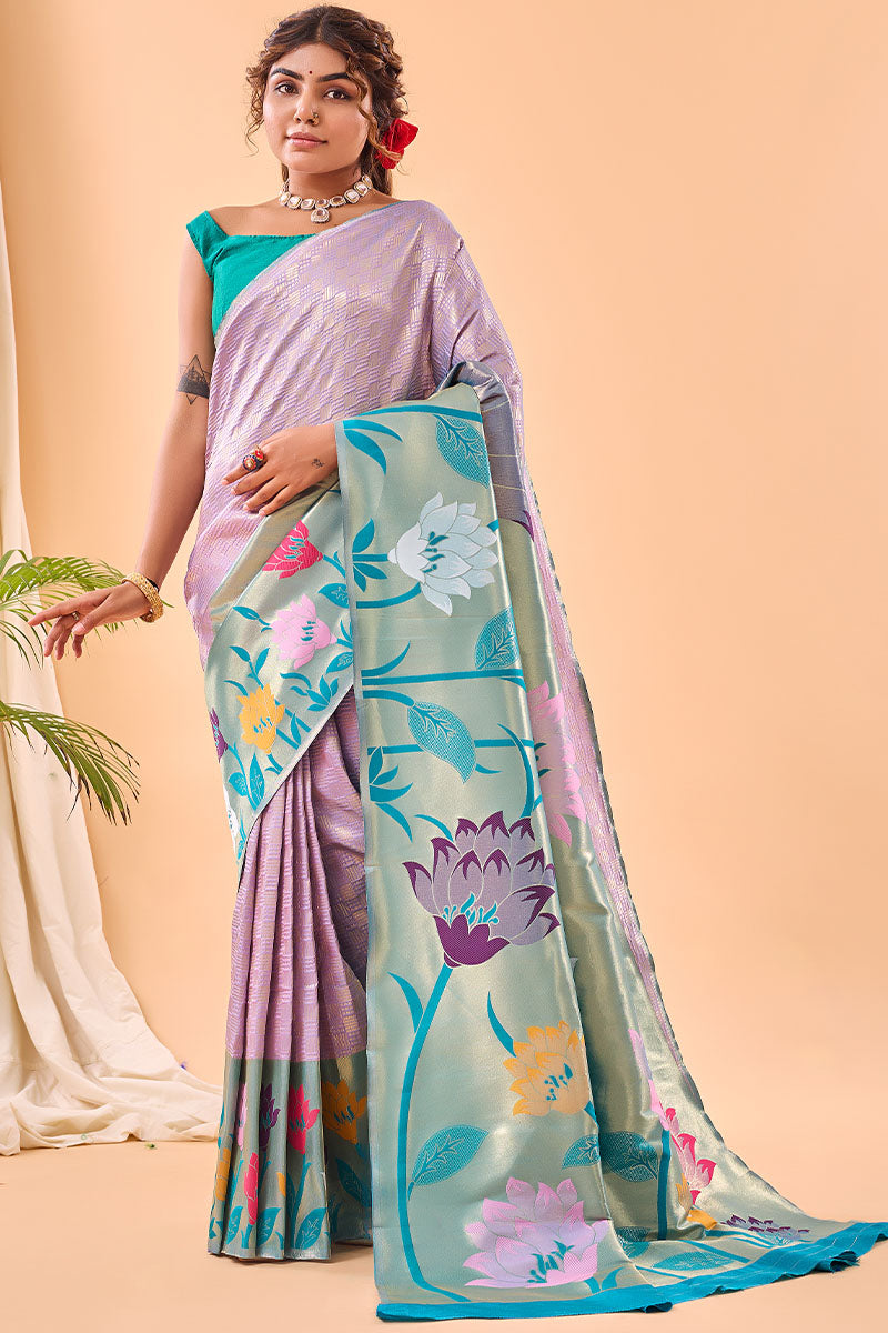 Conflate Lavender Paithani Silk Saree With Lissome Blouse Piece