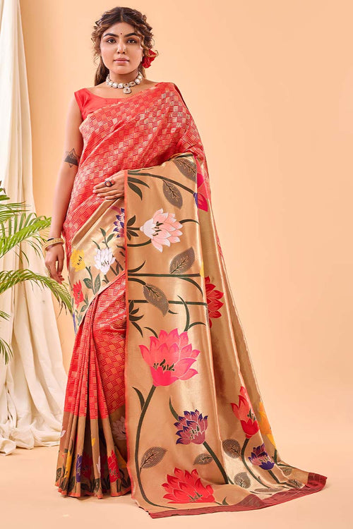 Load image into Gallery viewer, Efflorescence Red Paithani Silk Saree With Demesne Blouse Piece
