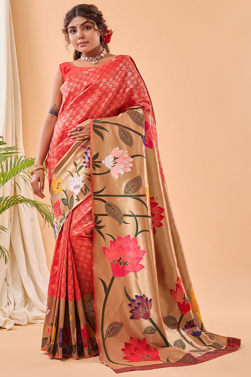 Load image into Gallery viewer, Efflorescence Red Paithani Silk Saree With Demesne Blouse Piece
