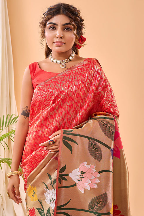 Load image into Gallery viewer, Efflorescence Red Paithani Silk Saree With Demesne Blouse Piece
