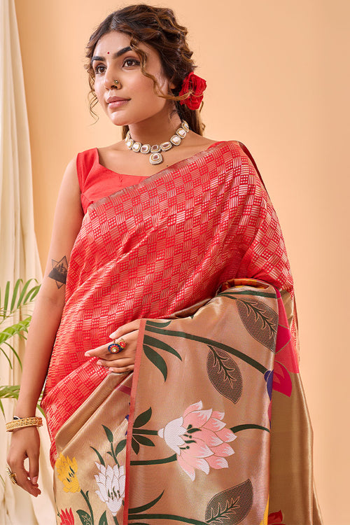 Load image into Gallery viewer, Efflorescence Red Paithani Silk Saree With Demesne Blouse Piece
