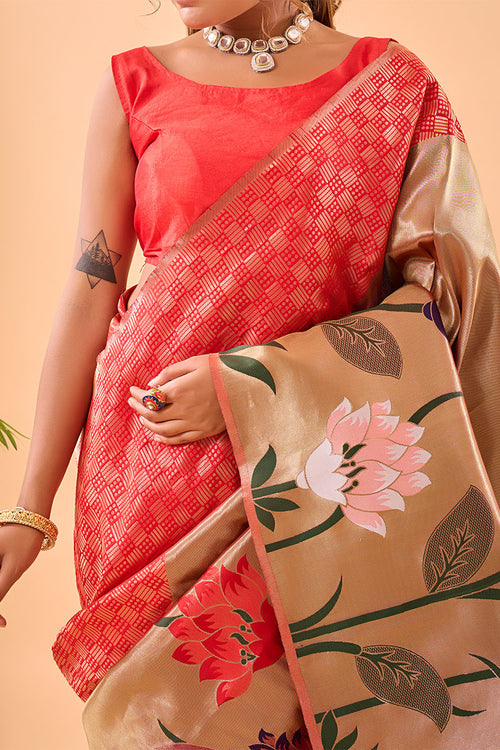 Load image into Gallery viewer, Efflorescence Red Paithani Silk Saree With Demesne Blouse Piece
