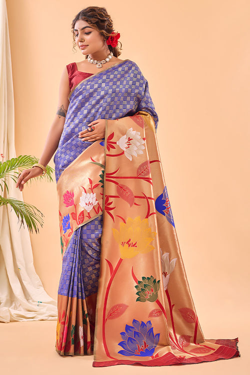 Load image into Gallery viewer, Traditional Royal Blue Paithani Silk Saree With Ephemeral Blouse Piece
