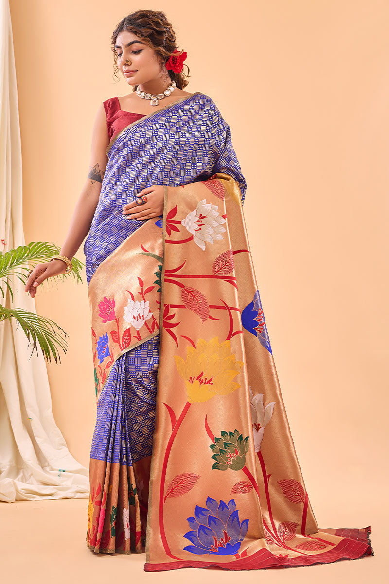 Traditional Royal Blue Paithani Silk Saree With Ephemeral Blouse Piece