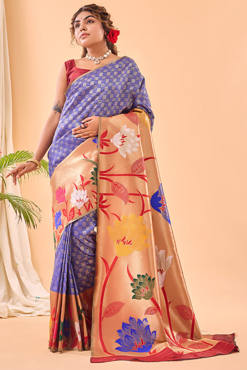 Load image into Gallery viewer, Traditional Royal Blue Paithani Silk Saree With Ephemeral Blouse Piece
