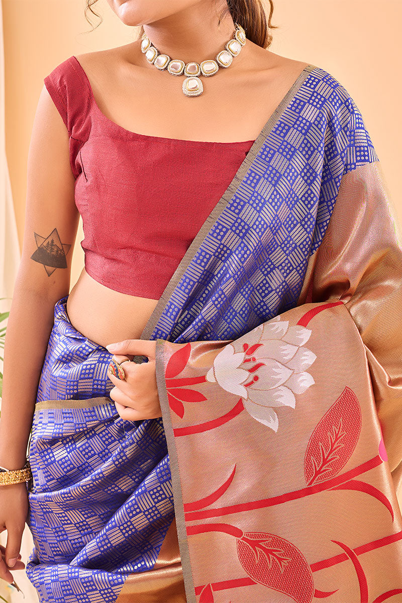 Traditional Royal Blue Paithani Silk Saree With Ephemeral Blouse Piece