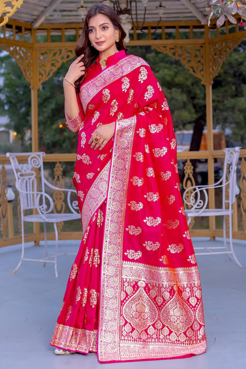 Enchanting Dark Pink Soft Banarasi Silk Saree With Imaginative Blouse Piece