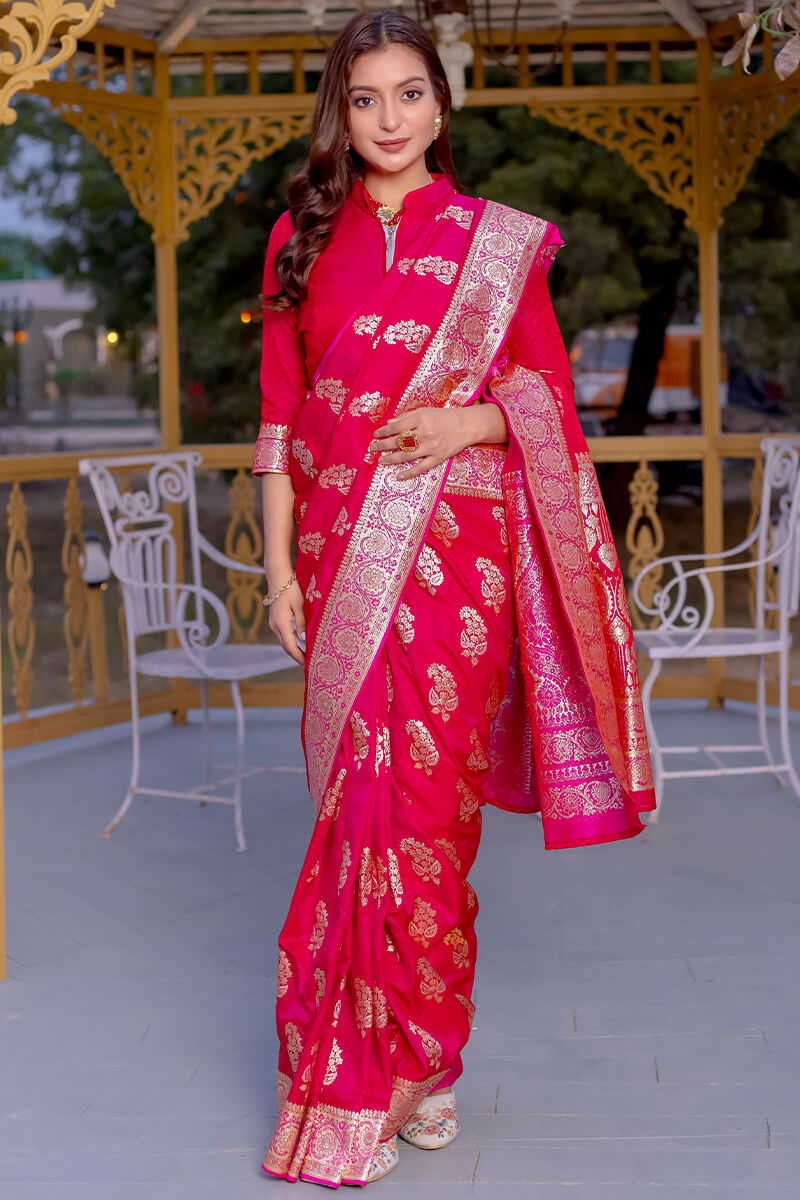 Enchanting Dark Pink Soft Banarasi Silk Saree With Imaginative Blouse Piece