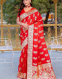 Enchanting Red Soft Banarasi Silk Saree With Imaginative Blouse Piece