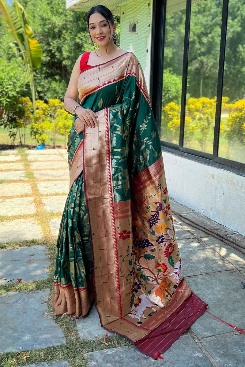 Incredible Dark Green Paithani Silk Saree With Delectable  Blouse Piece