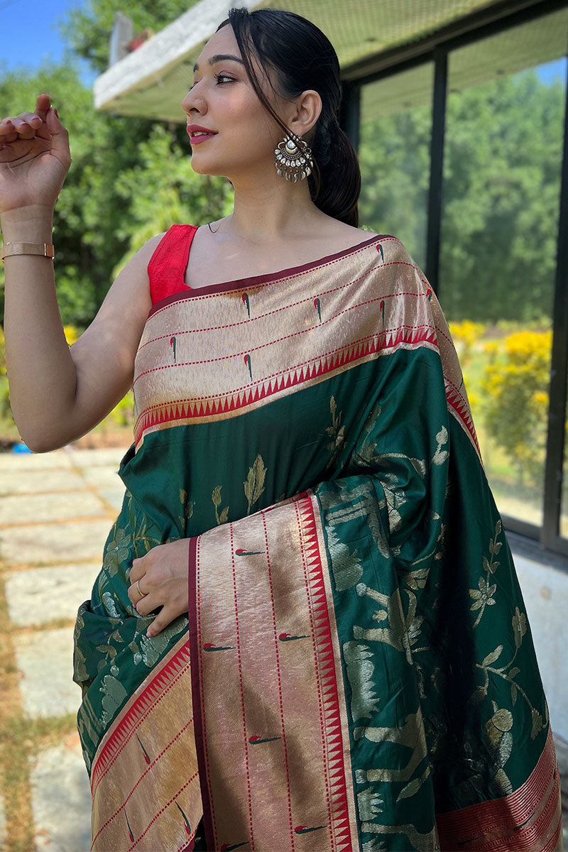 Incredible Dark Green Paithani Silk Saree With Delectable  Blouse Piece